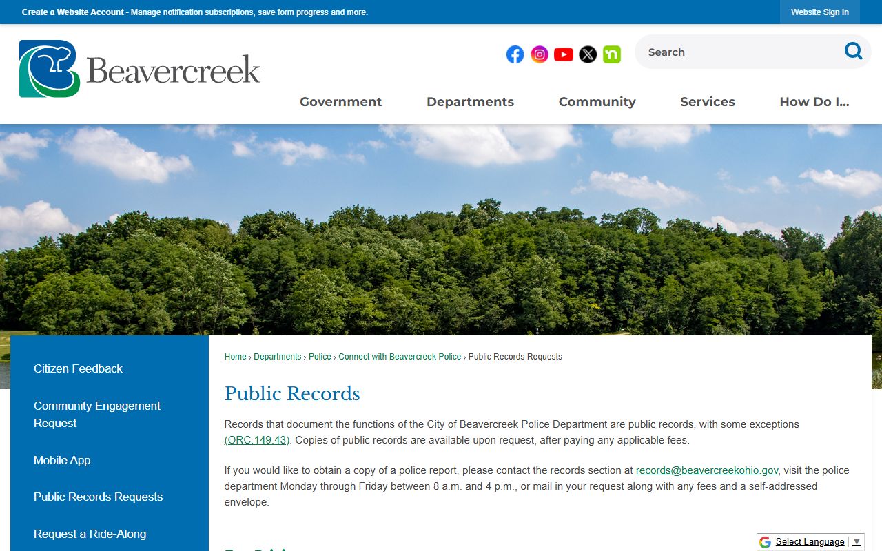 Beavercreek Ohio police public records page for criminal history requests