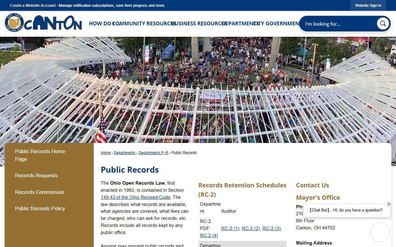 Canton Ohio public records page for criminal history access