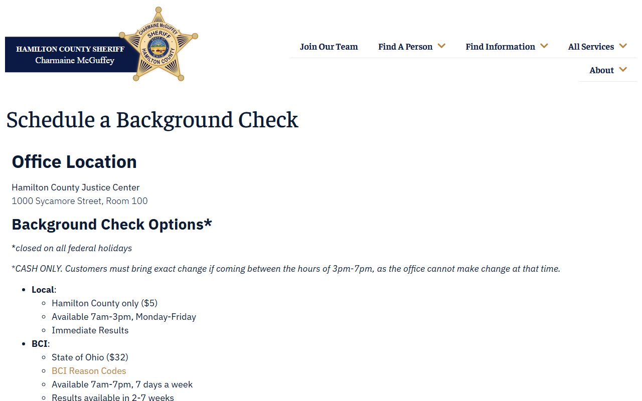 Hamilton County Sheriff background check scheduling for Cincinnati criminal history