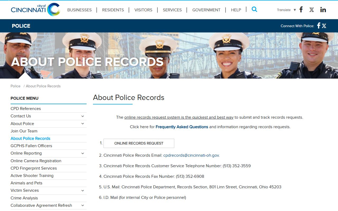 Cincinnati Ohio police records page for criminal history searches