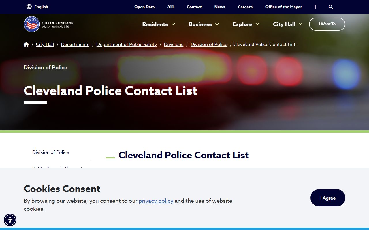 Cleveland Ohio police contacts page for criminal history record requests