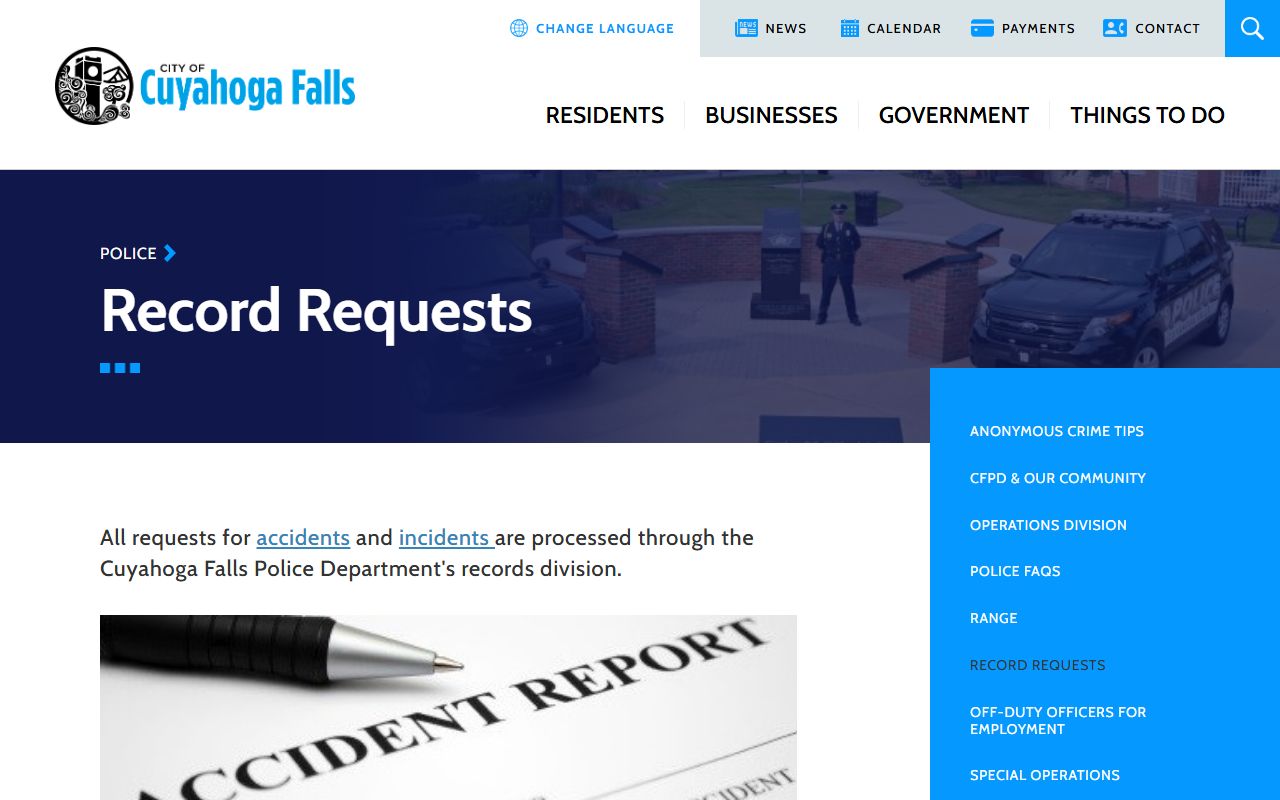 Cuyahoga Falls Ohio police record requests page for criminal history