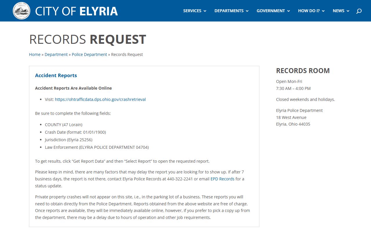 Elyria Ohio police records request page for criminal history