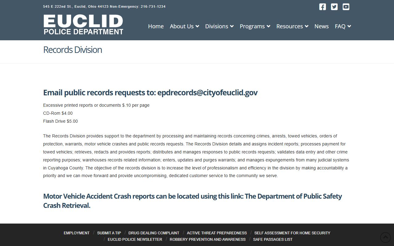 Euclid Ohio police records page for criminal history requests