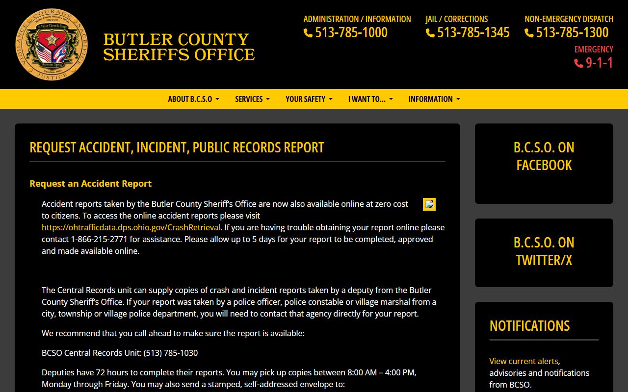 Butler County Sheriff records request page for Hamilton criminal history