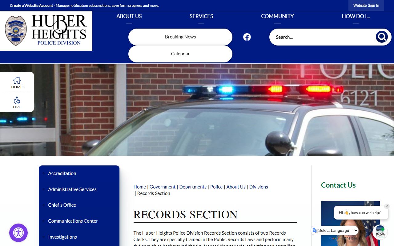 Huber Heights Ohio police records section page for criminal history requests