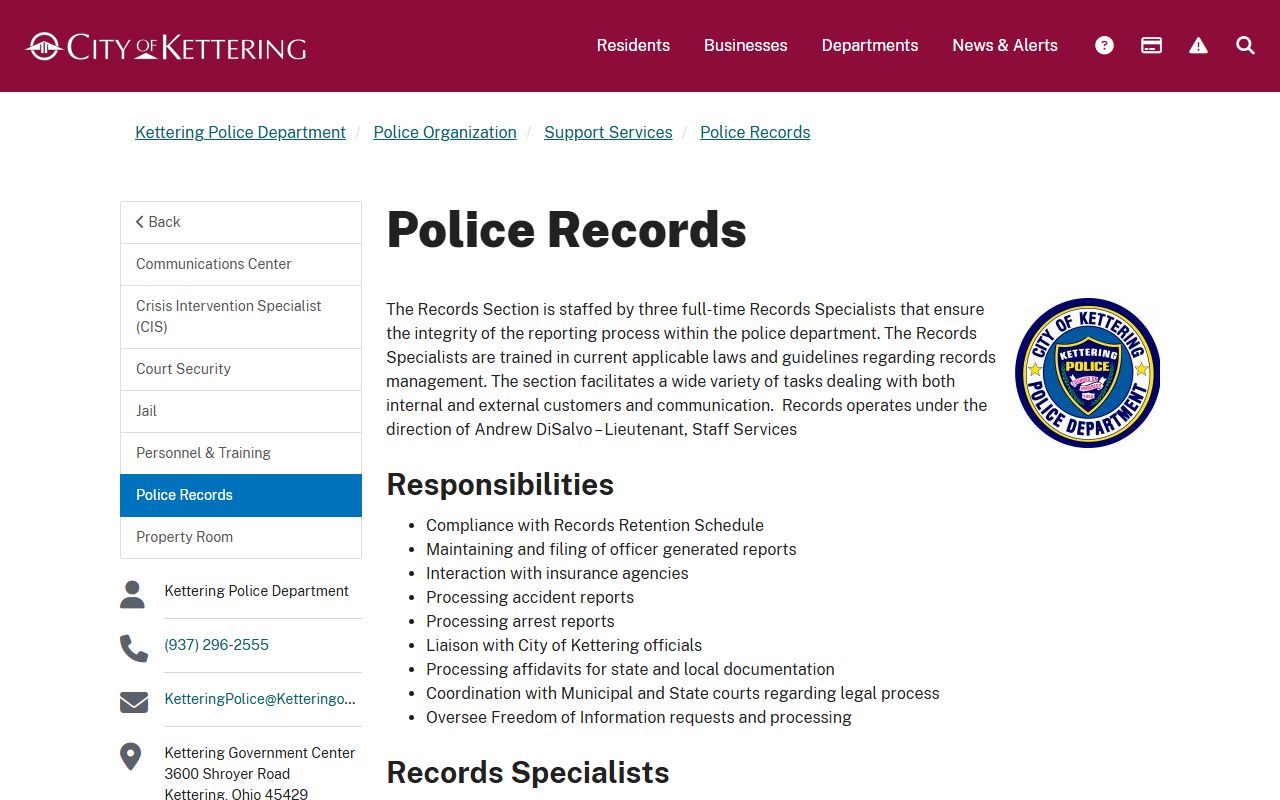 Kettering Ohio police records page for criminal history requests