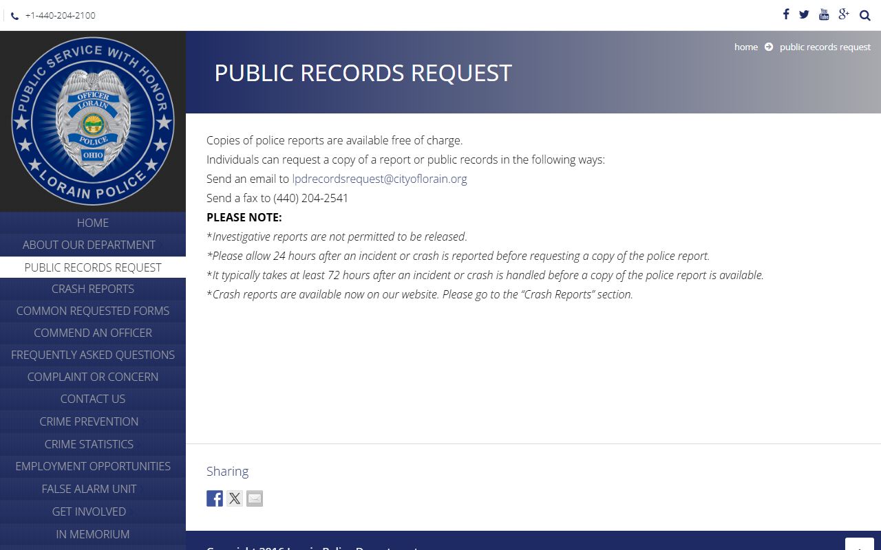 Lorain Ohio police records request page for criminal history