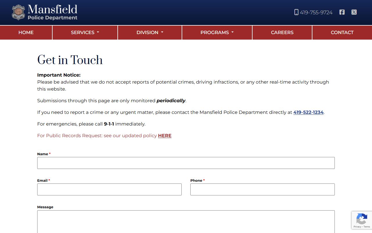 Mansfield Ohio police contact page for criminal history records