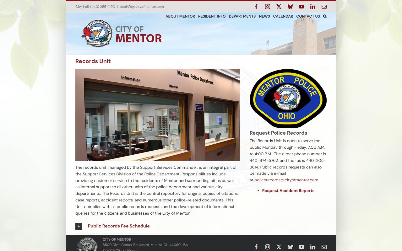 Mentor Ohio police records unit page for criminal history requests