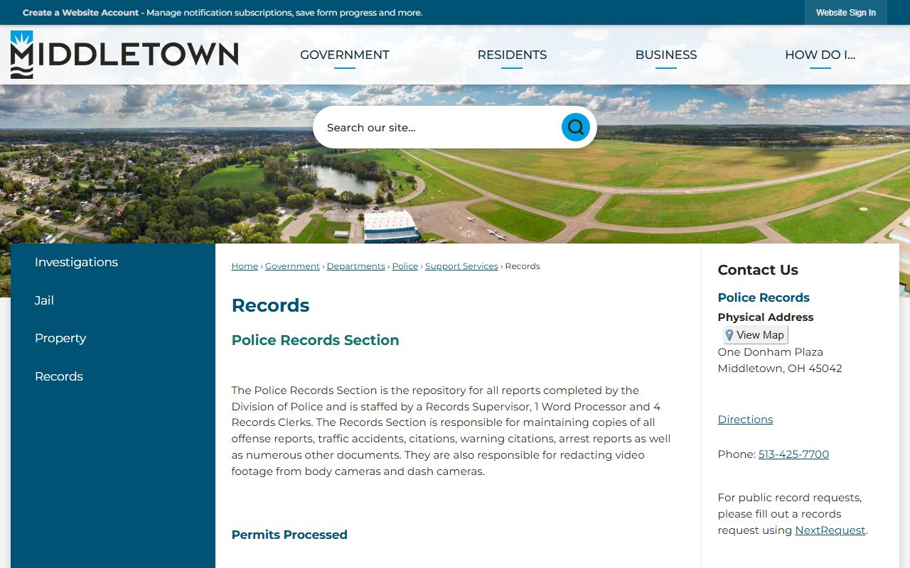 Middletown Ohio police records page for criminal history requests