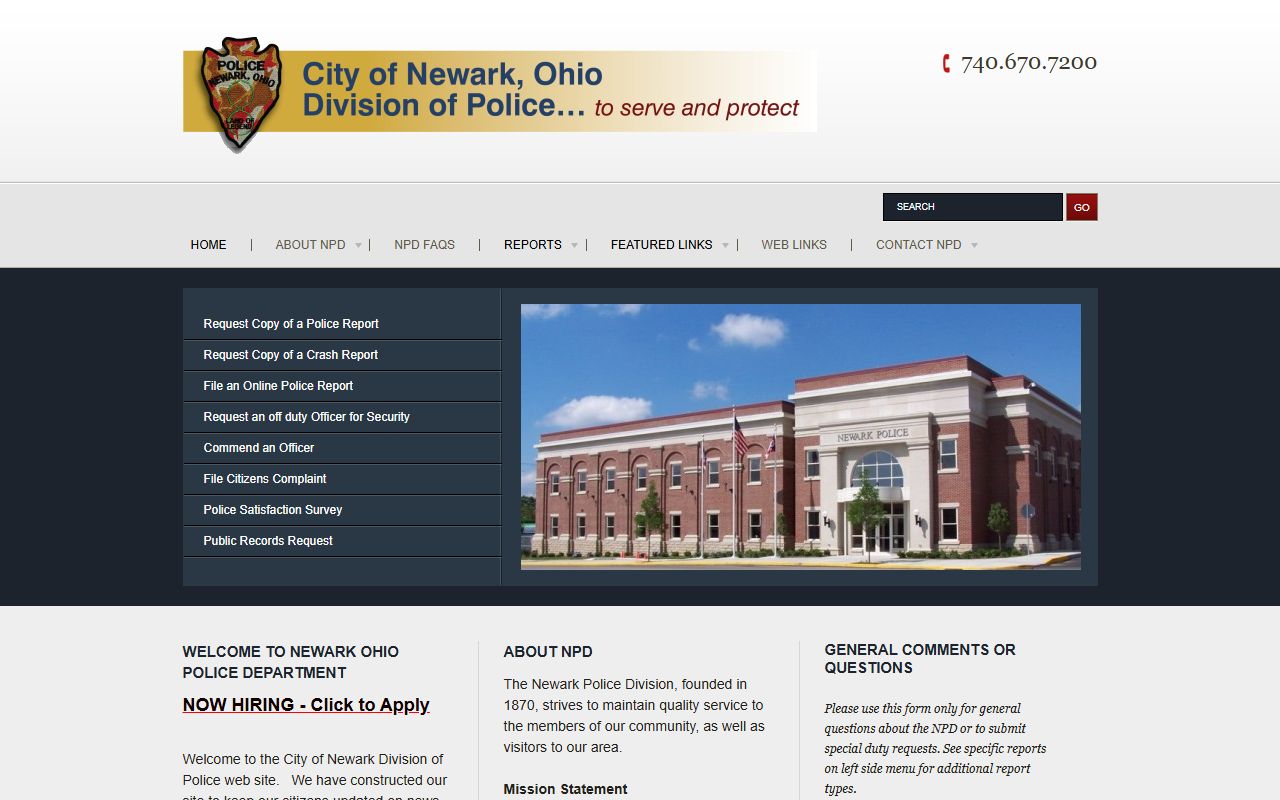 Newark Ohio police department page for criminal history records