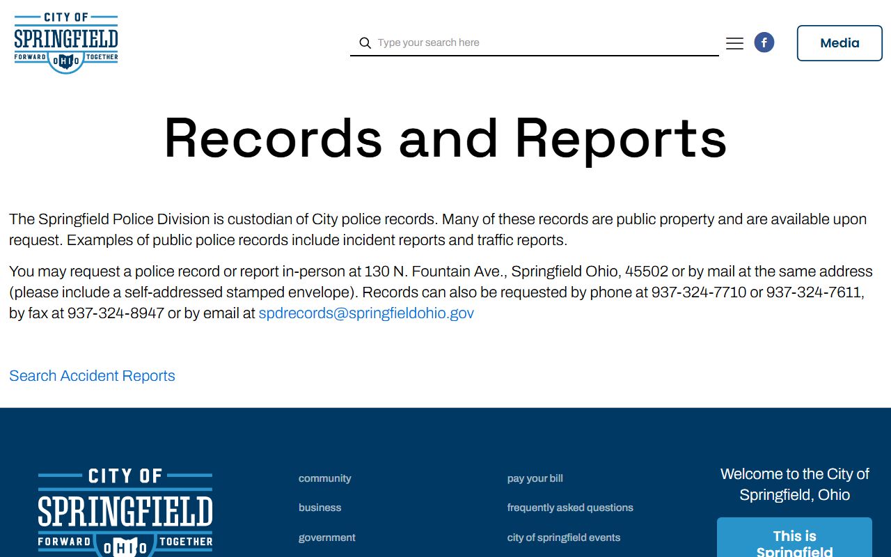 Springfield Ohio police records page for criminal history requests