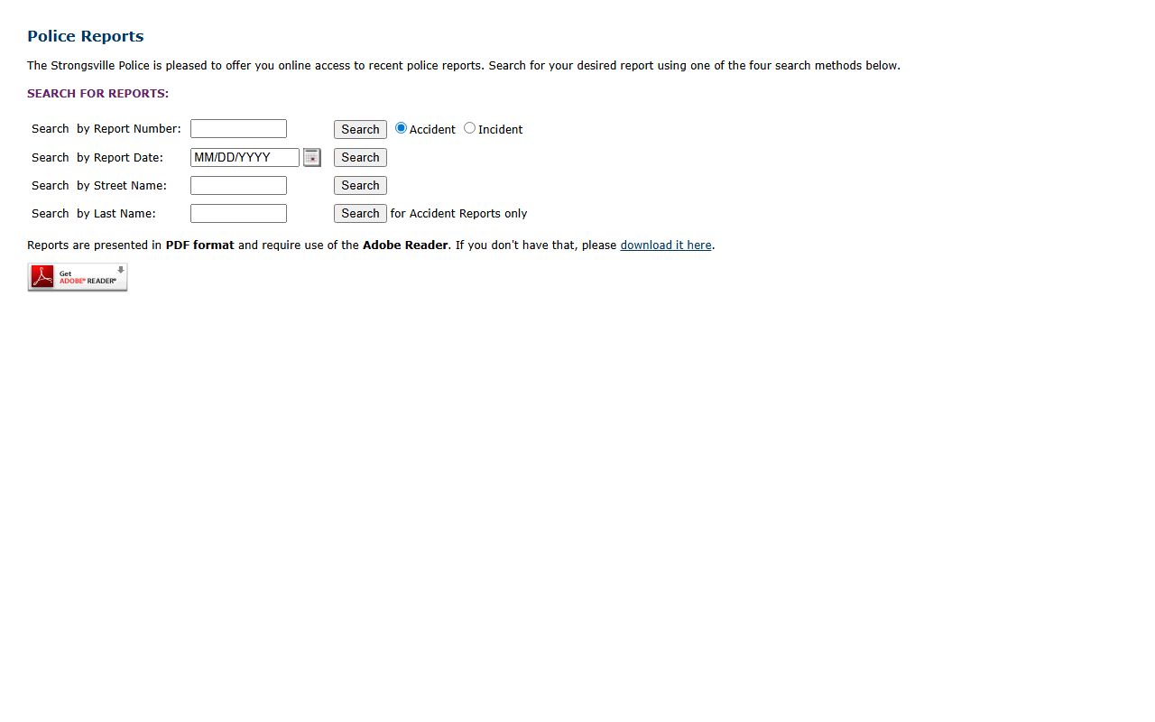 Strongsville Ohio online police reports portal for criminal history searches