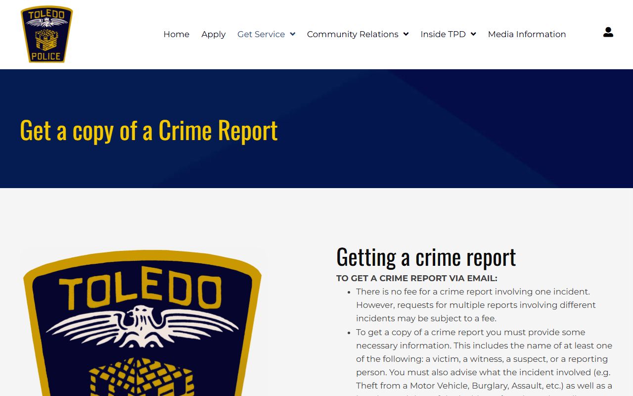 Toledo Ohio police crime reports page for criminal history requests