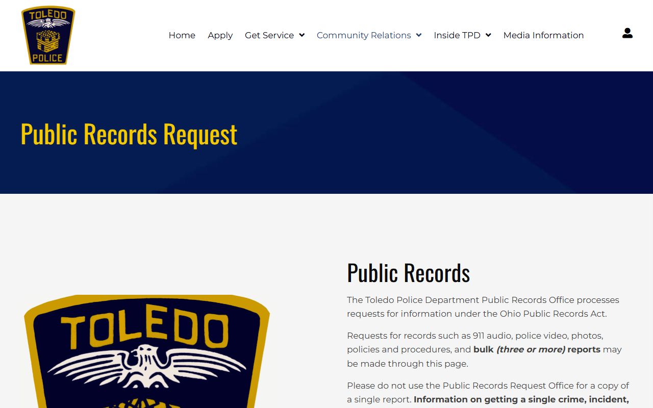 Toledo police public records request page for criminal history documents
