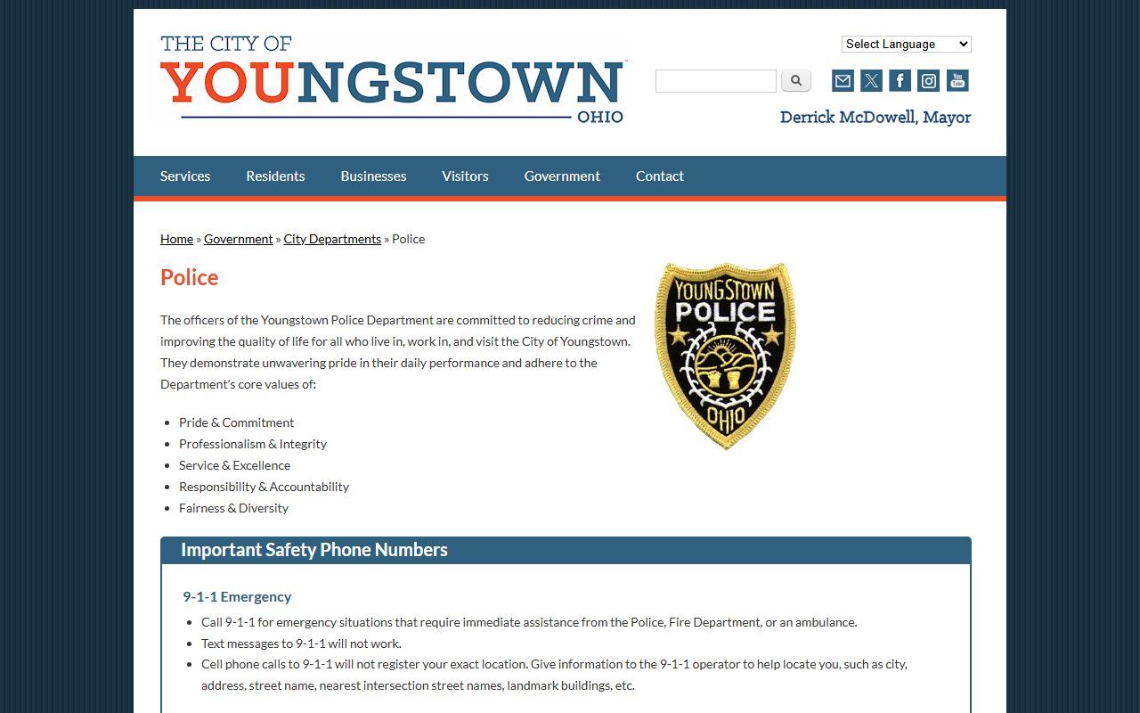 Youngstown Ohio police department page for criminal history records