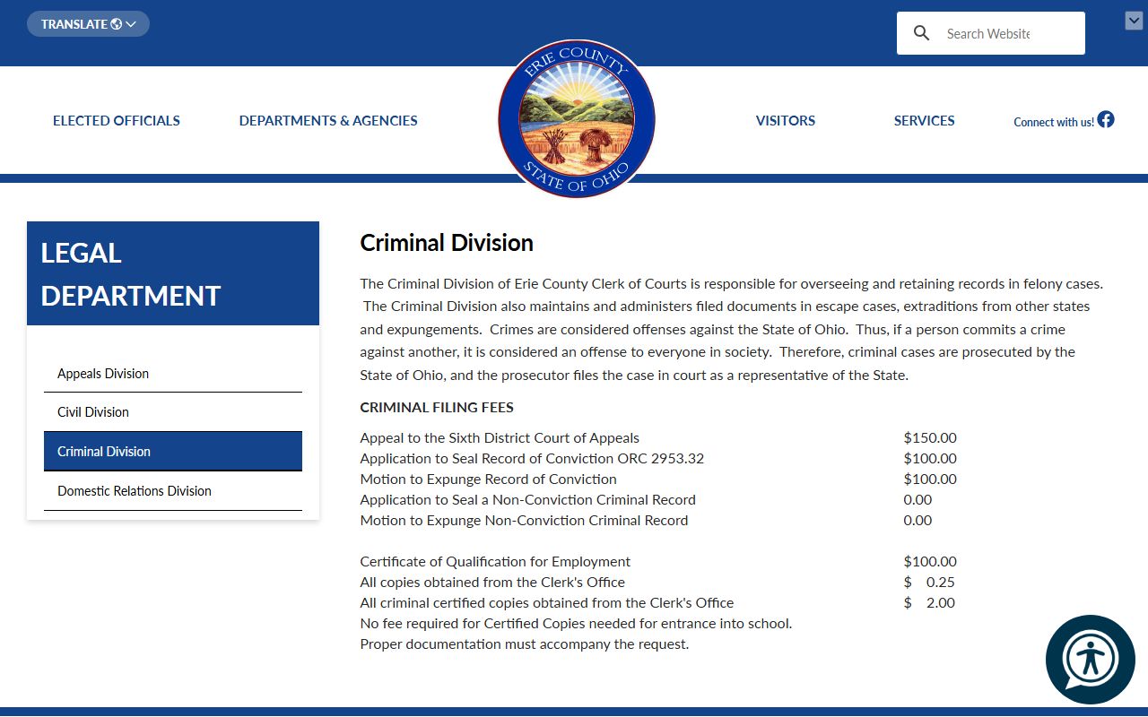 Erie County Criminal Division page for criminal history record searches