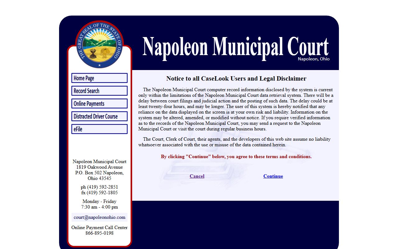Napoleon Municipal Court record search for Henry County criminal history