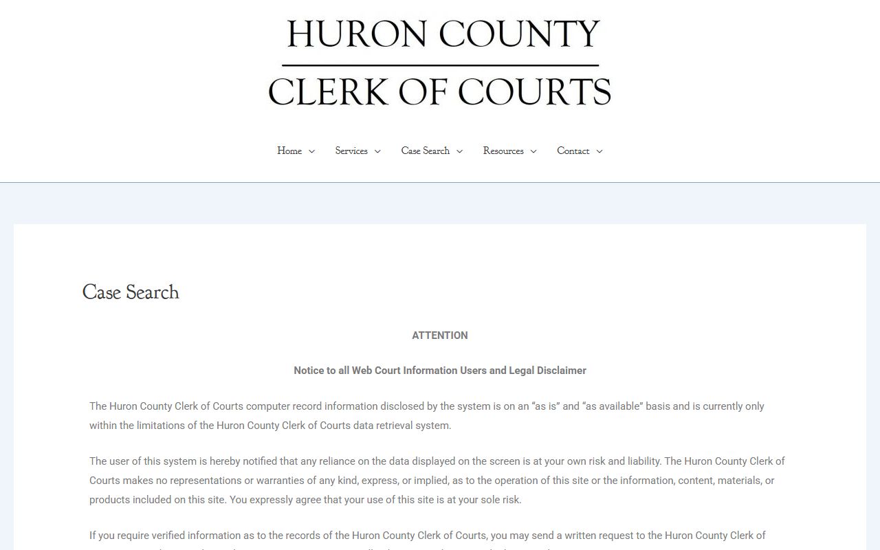 Huron County Clerk of Courts case search for criminal history records