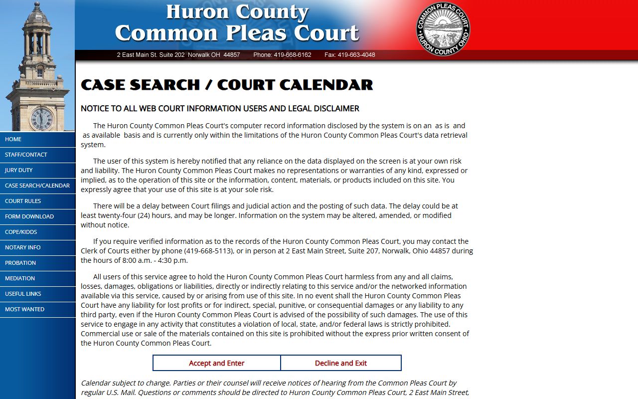 Huron County Common Pleas Court for criminal history case information