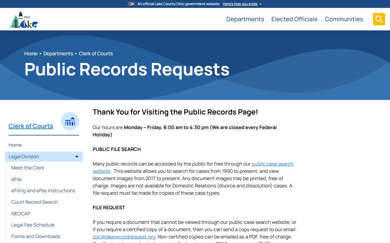 Lake County public records request page for criminal history documents