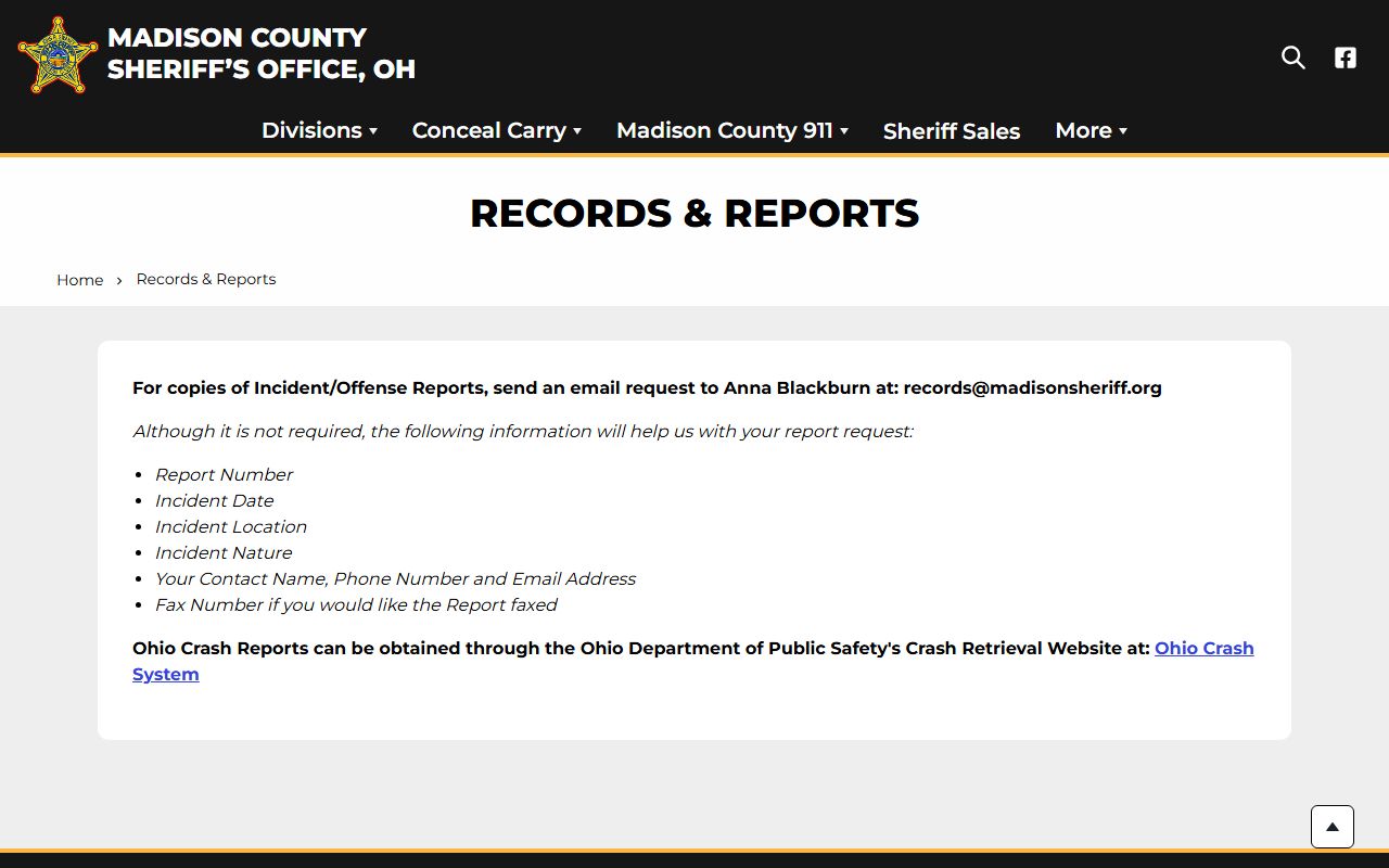 Madison County Sheriff records and reports page for criminal history