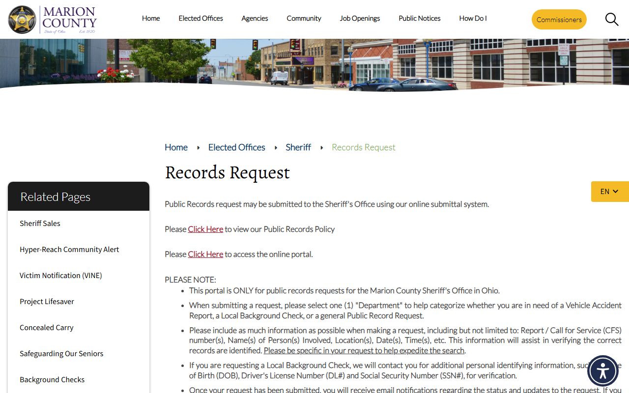 Marion County Sheriff records request portal for criminal history