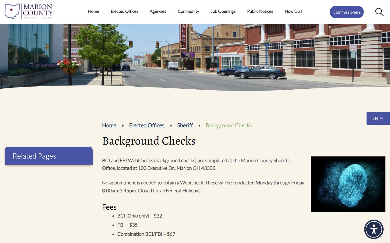 Marion County Sheriff background check page for criminal history records