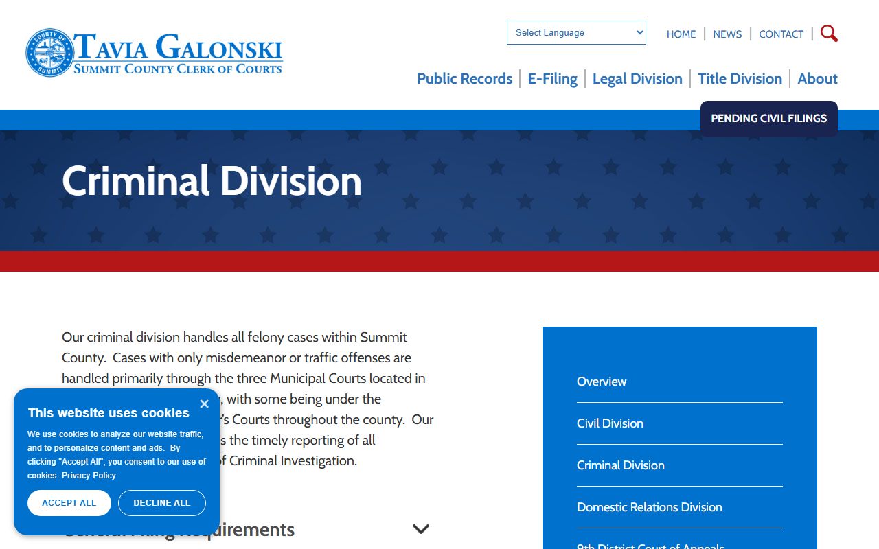 Summit County Clerk of Courts Criminal Division for criminal history records