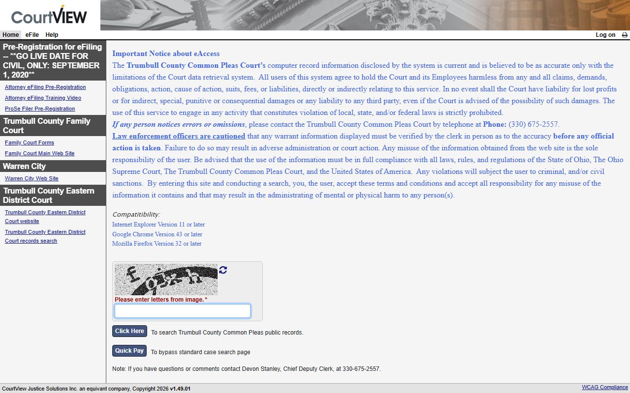 Trumbull County court eServices portal for criminal history record searches