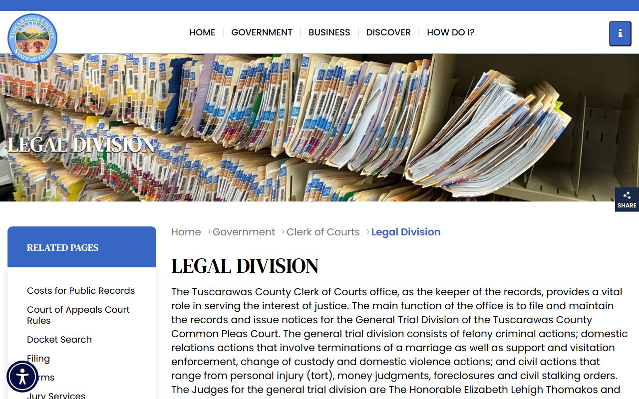 Tuscarawas County Clerk of Courts Legal Division for criminal history records