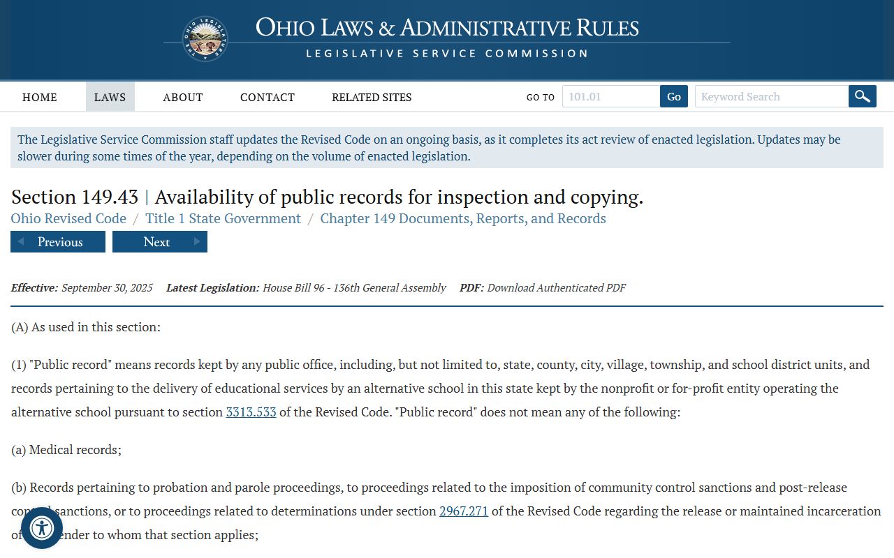 Ohio Public Records Act ORC 149.43 criminal history access
