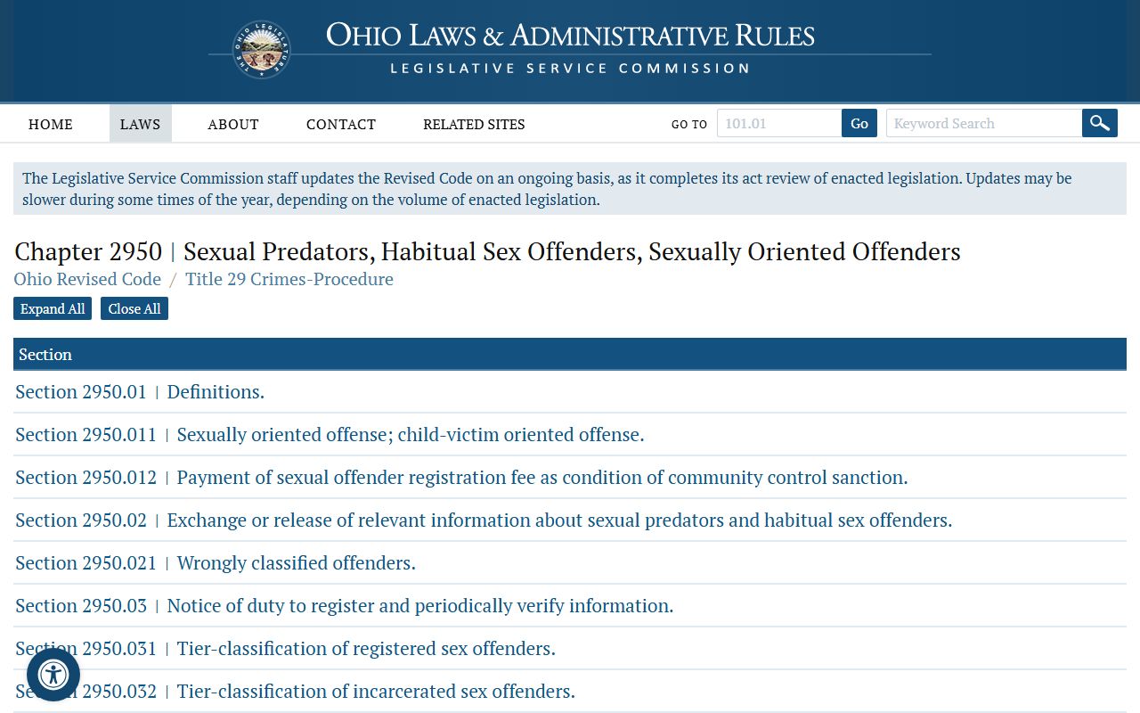 Ohio SORN law Chapter 2950 sex offender criminal history