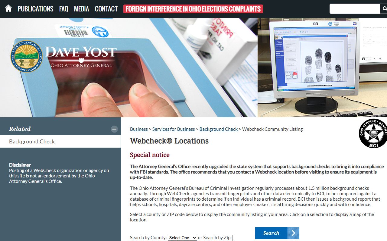Ohio WebCheck community locations finder for criminal history checks